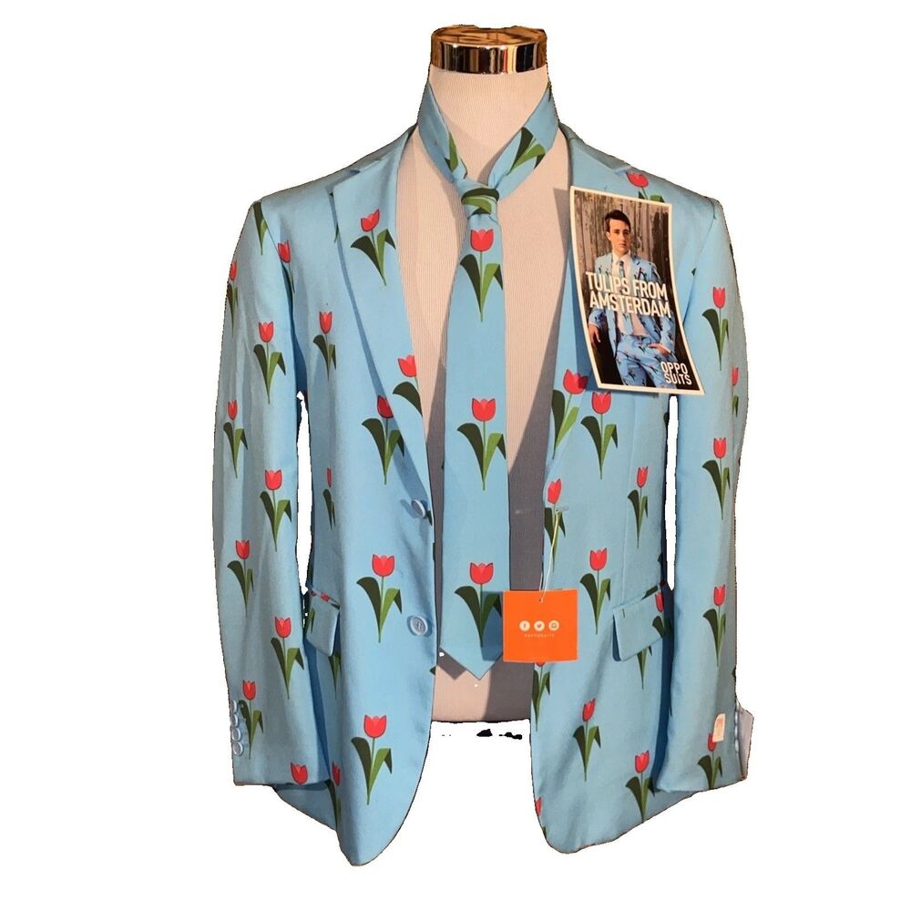 OPPO Suits Men’s 3 Piece Set Suit 42R Blue Floral Jacket Pants & Tie Costume